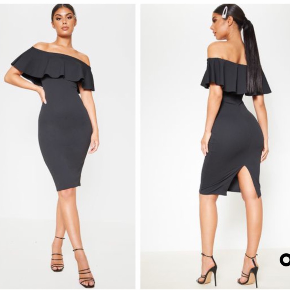 Pretty little thing black frill off shoulder dress
